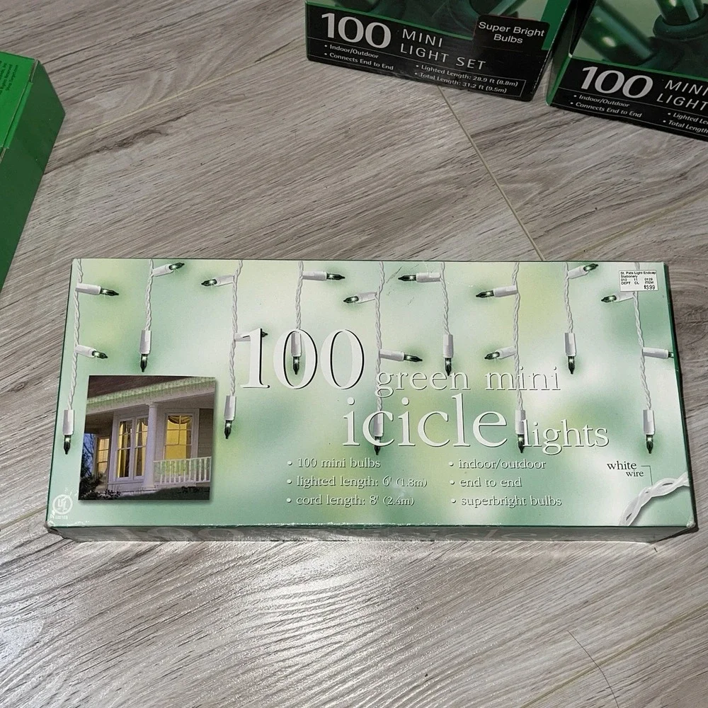 NIB 5 Christmas Holiday String Lights Mini Indoor Outdoor GREEN 1 Bx Icicle VTG